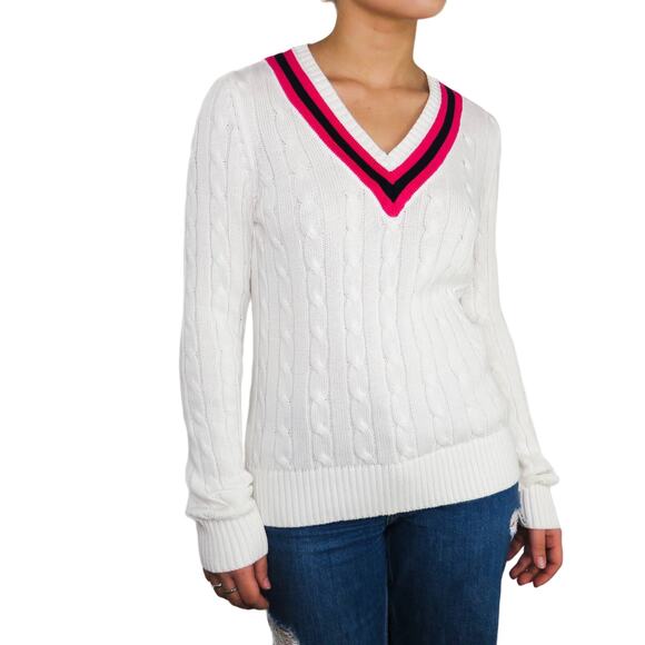 1990s Vintage Ralph Lauren White Cable Knit V-Neck Sweater Preppy Small - Picture 1 of 7
